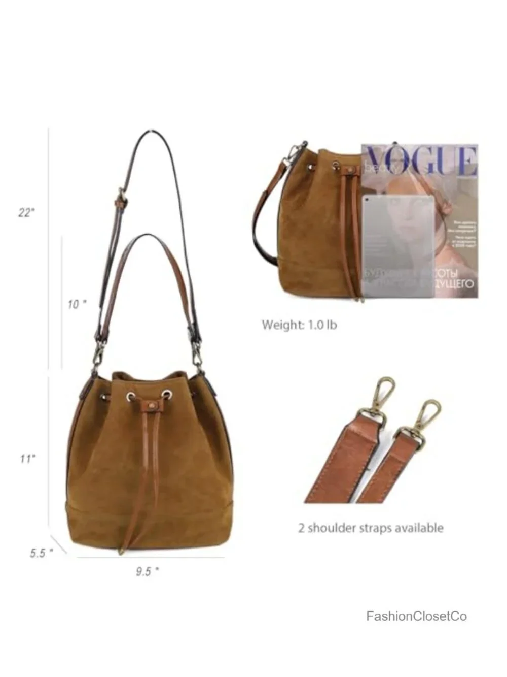Faux Suede Slouchy Bucket Bag Drawstring Hobo with 2 Convertible Straps